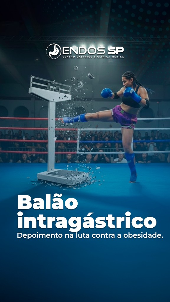 Arte da campanha Endos SP: lutadora de Muay Thai quebrando a balança